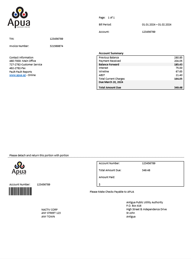 ANTIGUA AND BARBUDA APUA business utility bill Word and PDF template PSD template